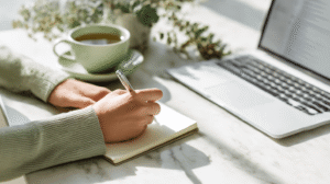 Mani che scrivono note su journal accanto a laptop con interfaccia email marketing per freebie automatico