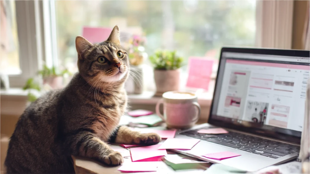 Gatto curioso su scrivania accanto a laptop con interfaccia builder siti web AI, atmosfera creativa di lavoro